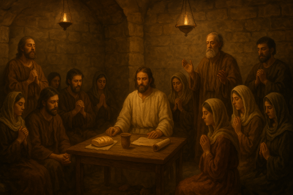 Early Christians gathered in a stone-walled room, praying and sharing communion by oil lamp light, with scrolls and bread on a wooden table, conveying unity and sacred tradition.