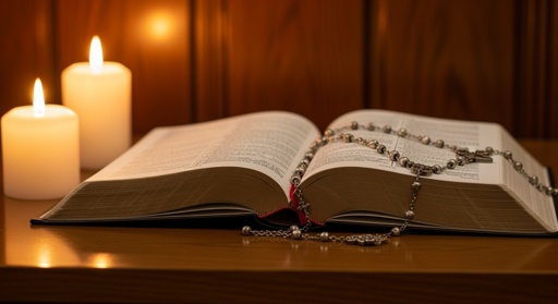 Open Catholic Bible with a rosary and candlelight on a wooden table, symbolizing reverence for Scripture.