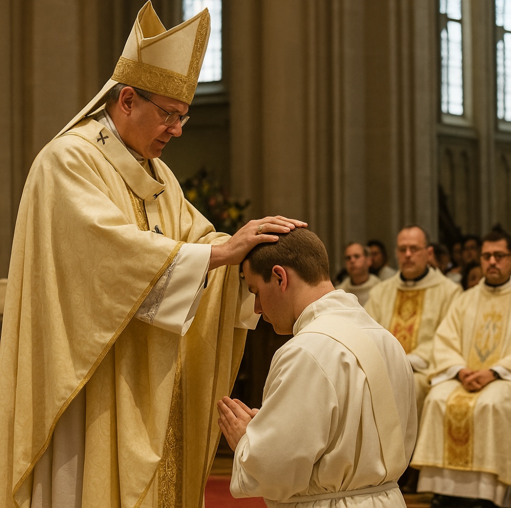 Traditional Catholic ordination ceremony showing a bishop laying hands on a kneeling candidate for holy orders, symbolizing apostolic succession in the Bible, inside a church setting with priests observing.