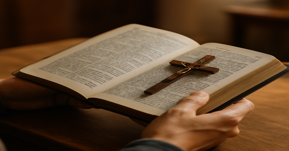 Hands holding an open Bible with a wooden crucifix resting on its pages, symbolizing prayer and faith.