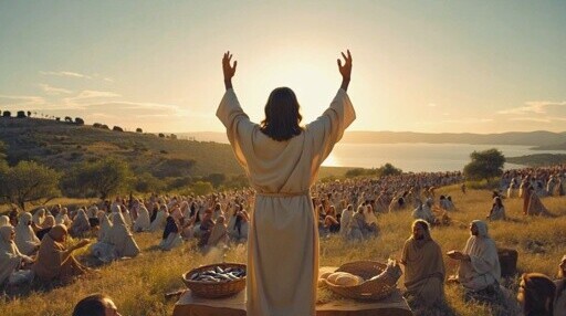 Jesus feeds the five thousand with loaves and fishes, prefiguring the Bread of Life discourse.