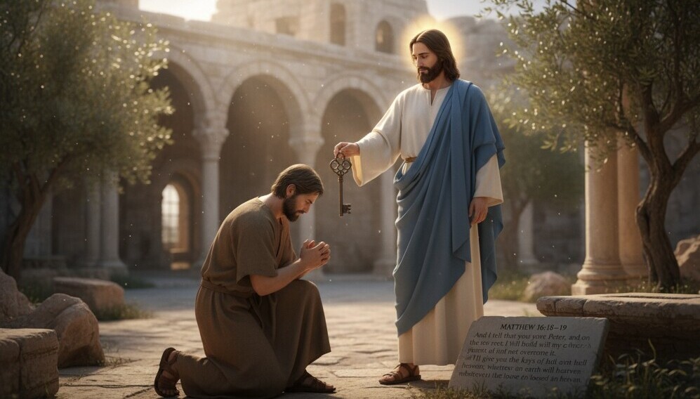 Jesus giving Peter the keys to the Kingdom as symbol of authority, based on Matthew 16:18–19.