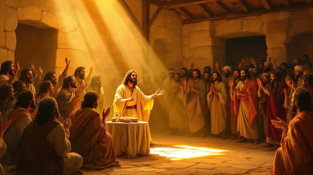 Jesus teaching in the synagogue at Capernaum, surrounded by disciples and townspeople reacting with awe and disbelief, as a beam of light shines on a table with loaves and a chalice — illustrating the Bread of Life discourse from John 6.