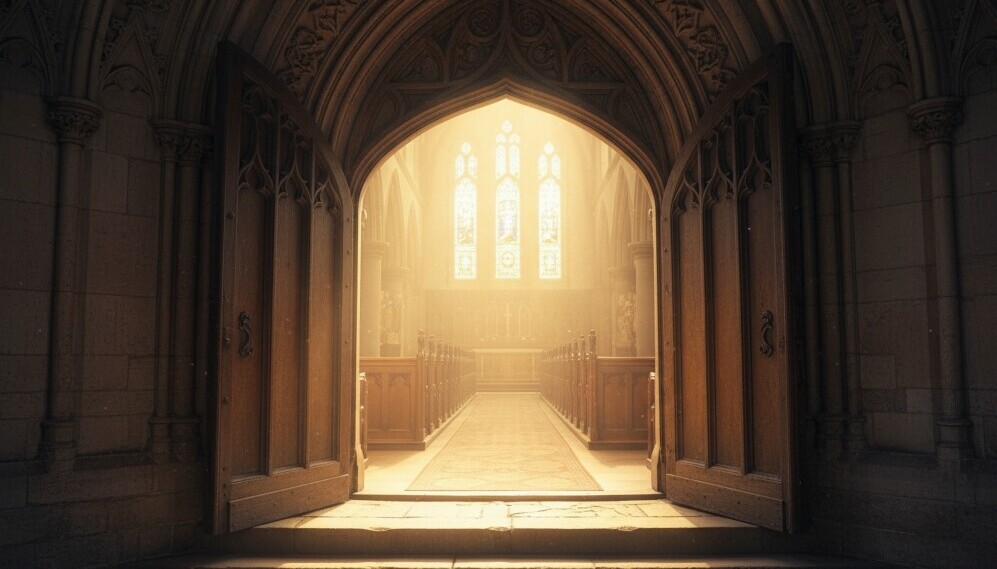 Open church doors with sunlight symbolizing invitation to enter the fullness of the Catholic faith.