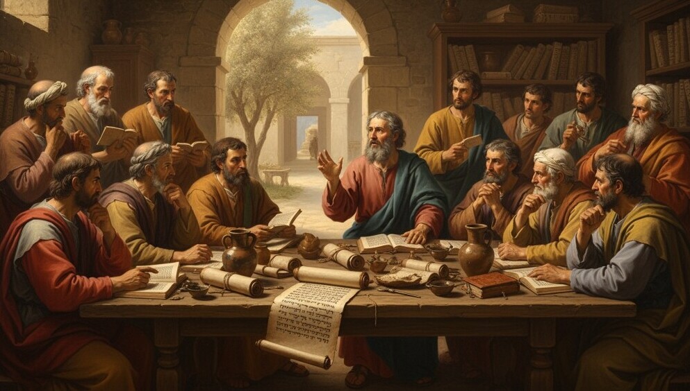 The Council of Jerusalem from Acts 15 where apostles resolved doctrinal disputes through Church authority.