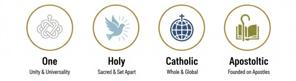 The Four Marks of the Catholic Church: One, Holy, Catholic, and Apostolic.