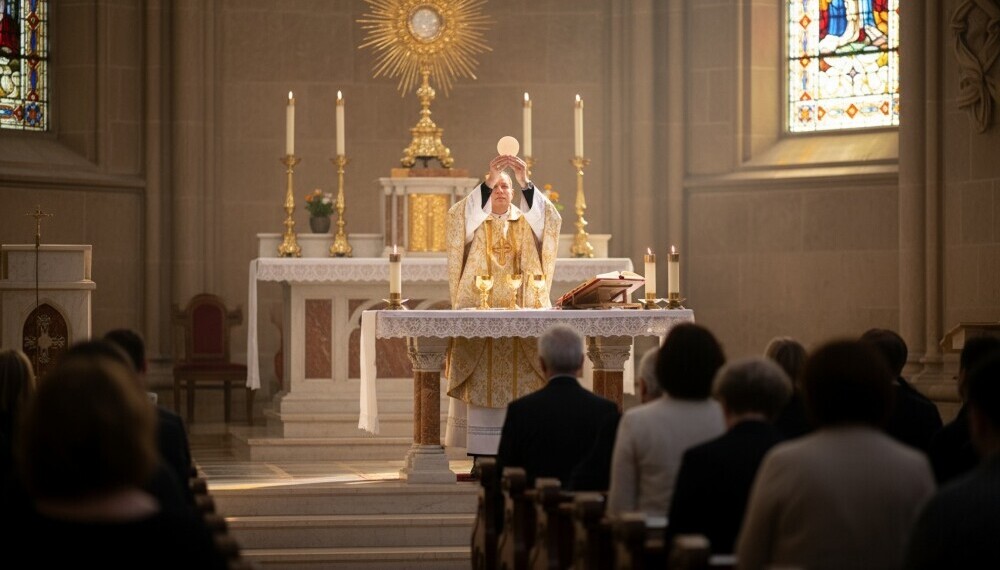 Catholic priest elevating the consecrated host during Mass, symbolizing the mystery of transubstantiation and the Real Presence of Christ.