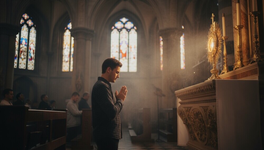 Catholics in silent prayer before the Blessed Sacrament during Eucharistic adoration.