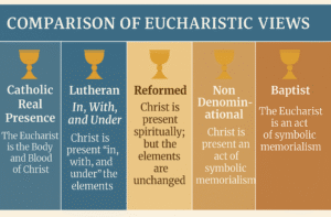 Chart comparing six Protestant and Catholic interpretations of the Eucharist.