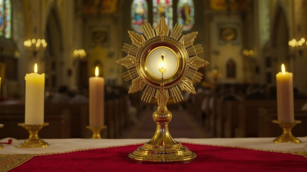 Monstrance holding the Blessed Sacrament during Eucharistic adoration, symbolizing Christ’s Real Presence.