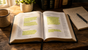 Open Bible showing passages commonly discussed in the faith alone debate.