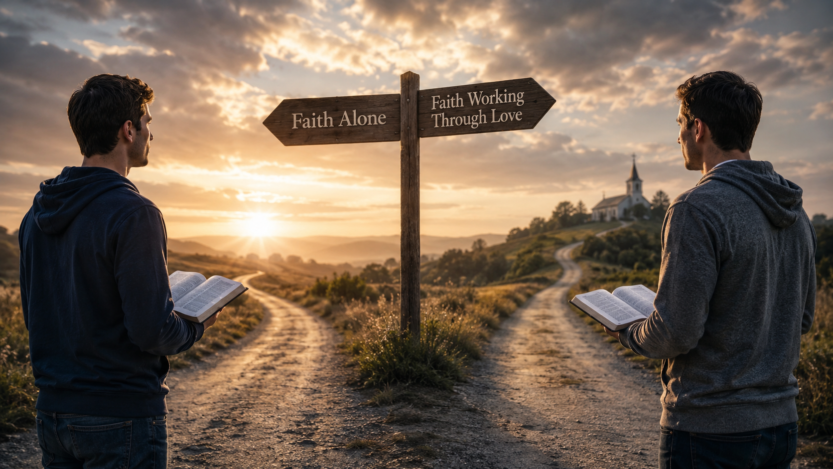 Two Christians discussing salvation by faith alone while holding Bibles at a crossroads.